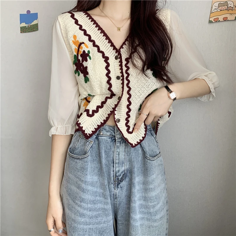 Blus sulam bunga dengan kancing sifon kardigan depan Atasan Wanita musim semi musim panas Cottagecore