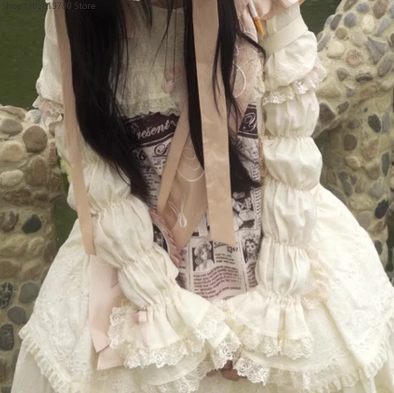 Japanese Lolita Cosplay Sweet Ruffled Lace Pile Fluffy Wrist Cuffs Women Spring Summer Cute Sleeve Cover Decor Wrist Accessory