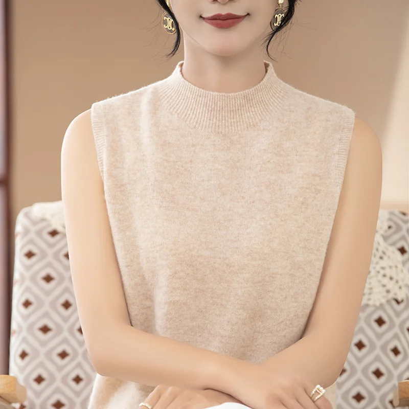 100% Merino Wool Sleeveless Mock Neck Vest Women's Solid Color Knit Top Women's Clothes 2025 New