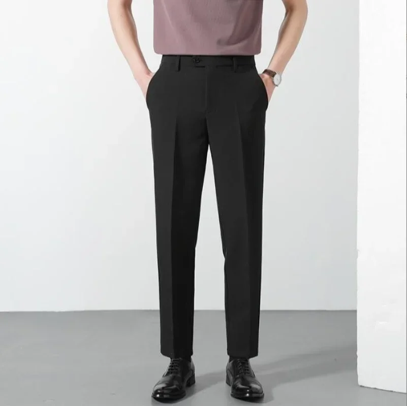 Spring Summer Suit Pants Men Business Smooth Slim Business Office Social Elastic Waist Ankle Length Formal Korean Trousers Male
