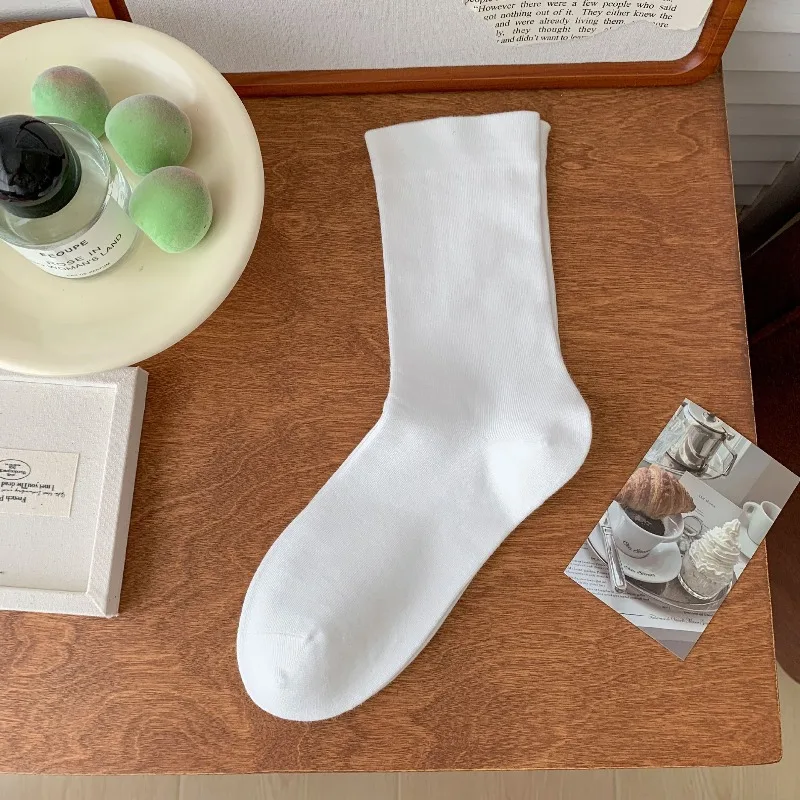 Ins Trendy White Slouch Shoe Inserts 1 Pair, Women Full Cotton Japanese Style Seamless Long Mid‑Calf Shoe Liners, Loose Top