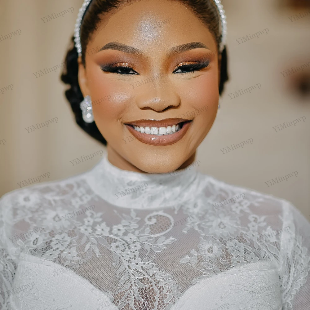 Vestido de novia de encaje africano para novia, cuello alto, manga larga, apliques de sirena, vestidos de novia de lujo, espalda con cordones personalizada 2025