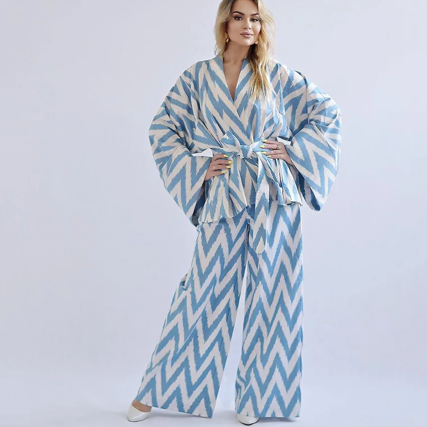 

Loose Homewear Women Suit Spring Autumn Fashion Pajamas Two Piece Set Irregular Blue Print Belted Cardigan + Wide Leg Pant Set