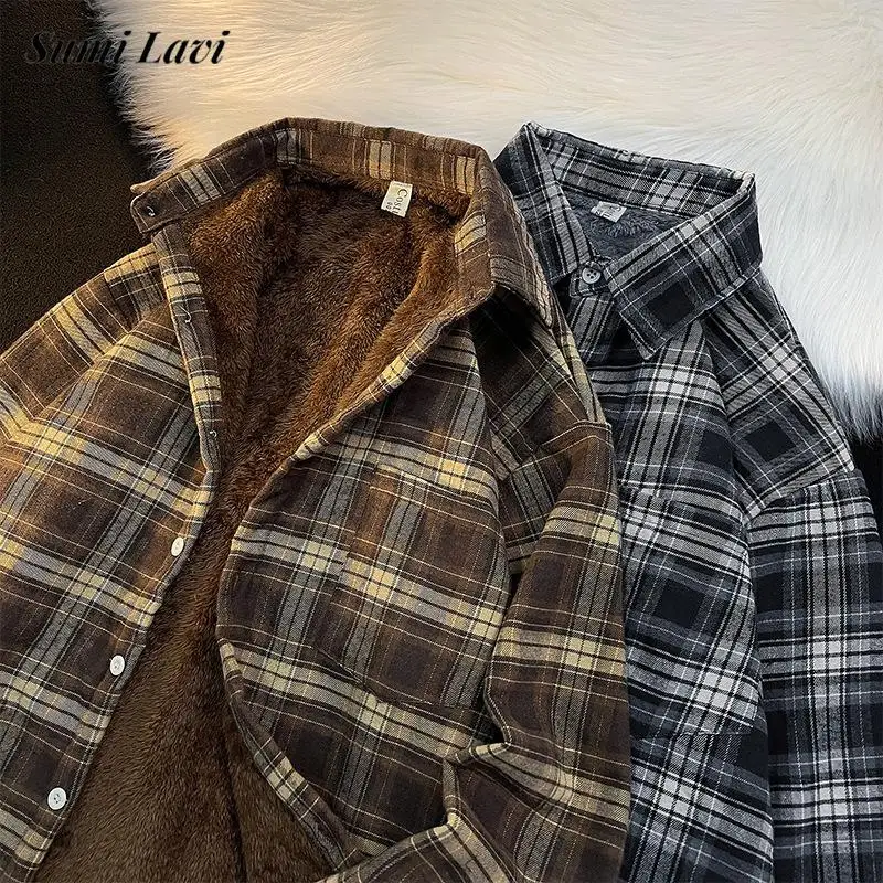 Fall Winter Thick Warm Fleece Liner Jackets Men Vintage Plaid Long Sleeve Buttoned Cardigans Mens Streetwear Fashion Jacket Coat