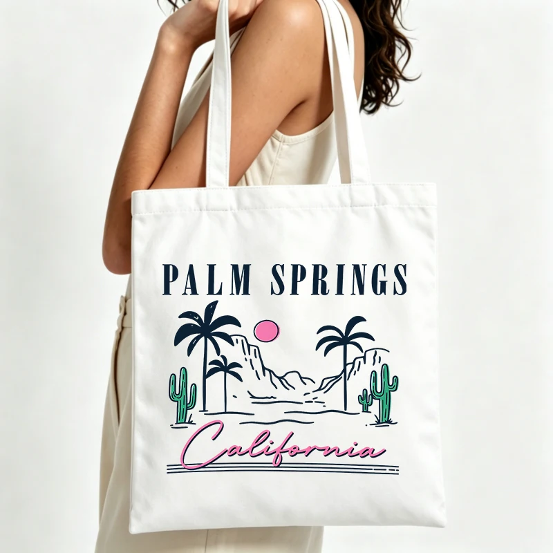 palm tree and cactus graphic canvas tote bag, retro California style for summer outings and casual shopping