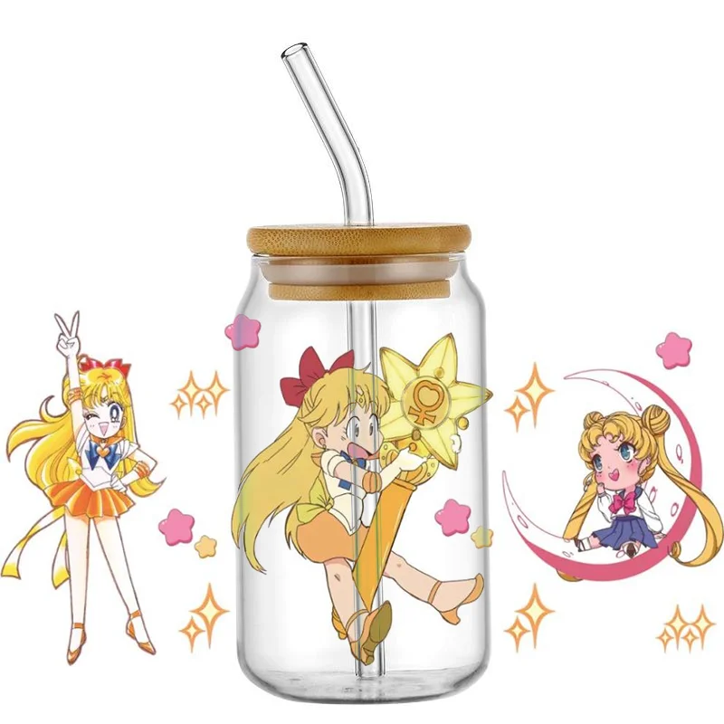 Cartoon Beautiful girl warrior 16OZ UV DTF Cup Wraps Transfer Sticker For Glass Can Bottle Self adhesive Washable DIY Custom