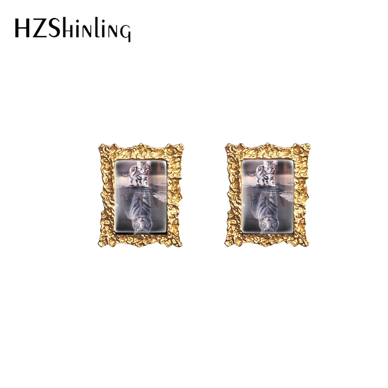 2020 New Funny Cat with Cool Reflection Rectangle Glass Cabochon Retro Stud Earrings Handmade Jewelry Earrings