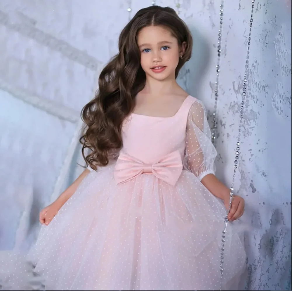 

Baby Toddler Puff Sleeve Tulle Bow A-Line Tutu Twirly Babydoll Flare Ball Gown Princess Flower Girl Dress