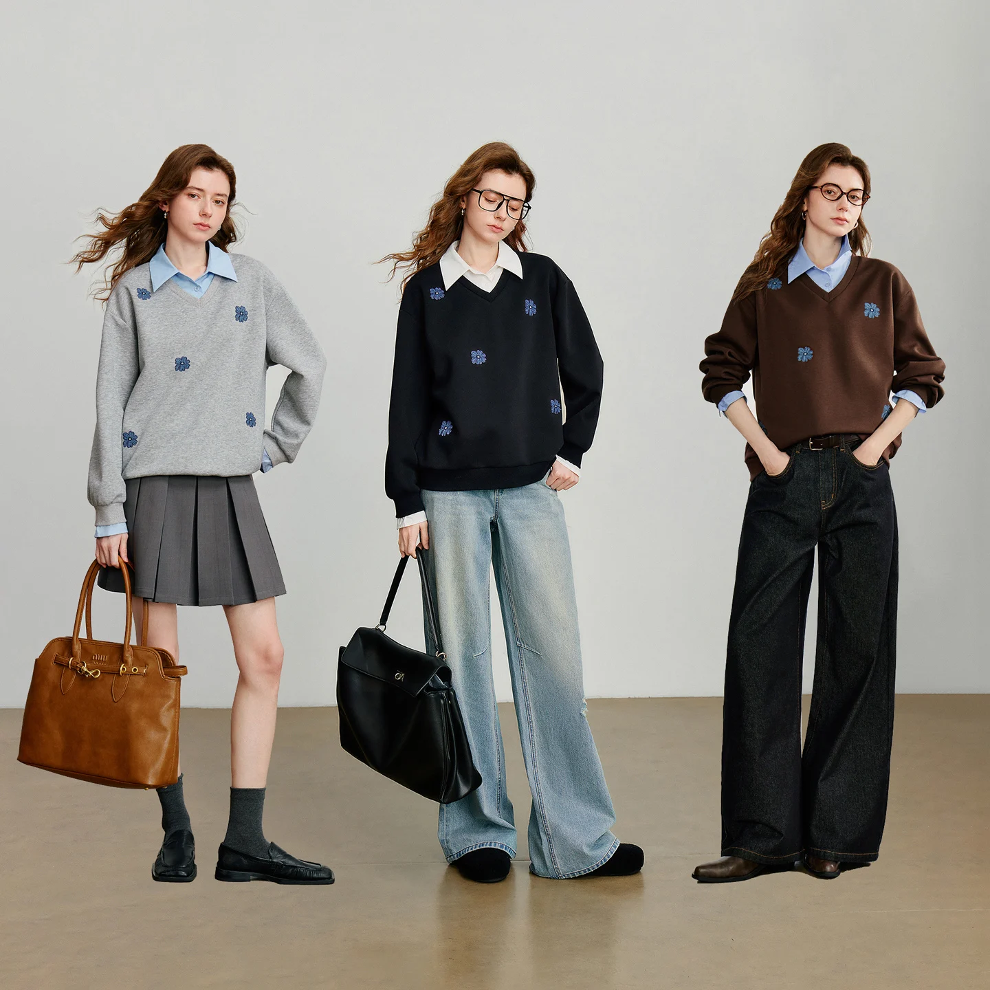 Toyoutth moletom feminino 2025 outono novo denim flor bordado falso duas peças emenda turn down collar algodão casual pulôver