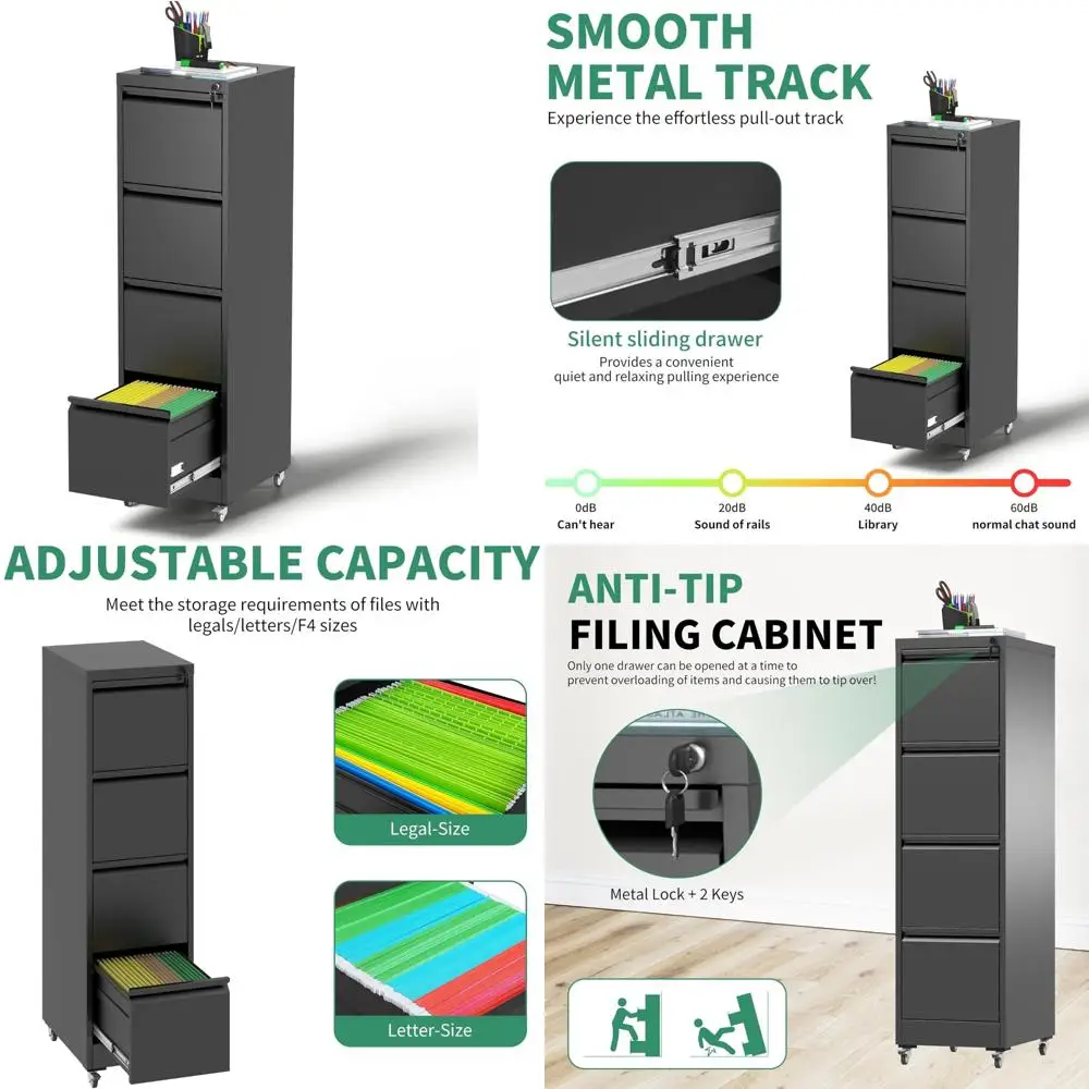 خزانة ملفات معدنية للمكتب المنزلي مع قفل، وحدة تخزين متنقلة بأربعة أدراج لتنظيم ملفات الرسائل/القانونية/A4 تحت المكتب