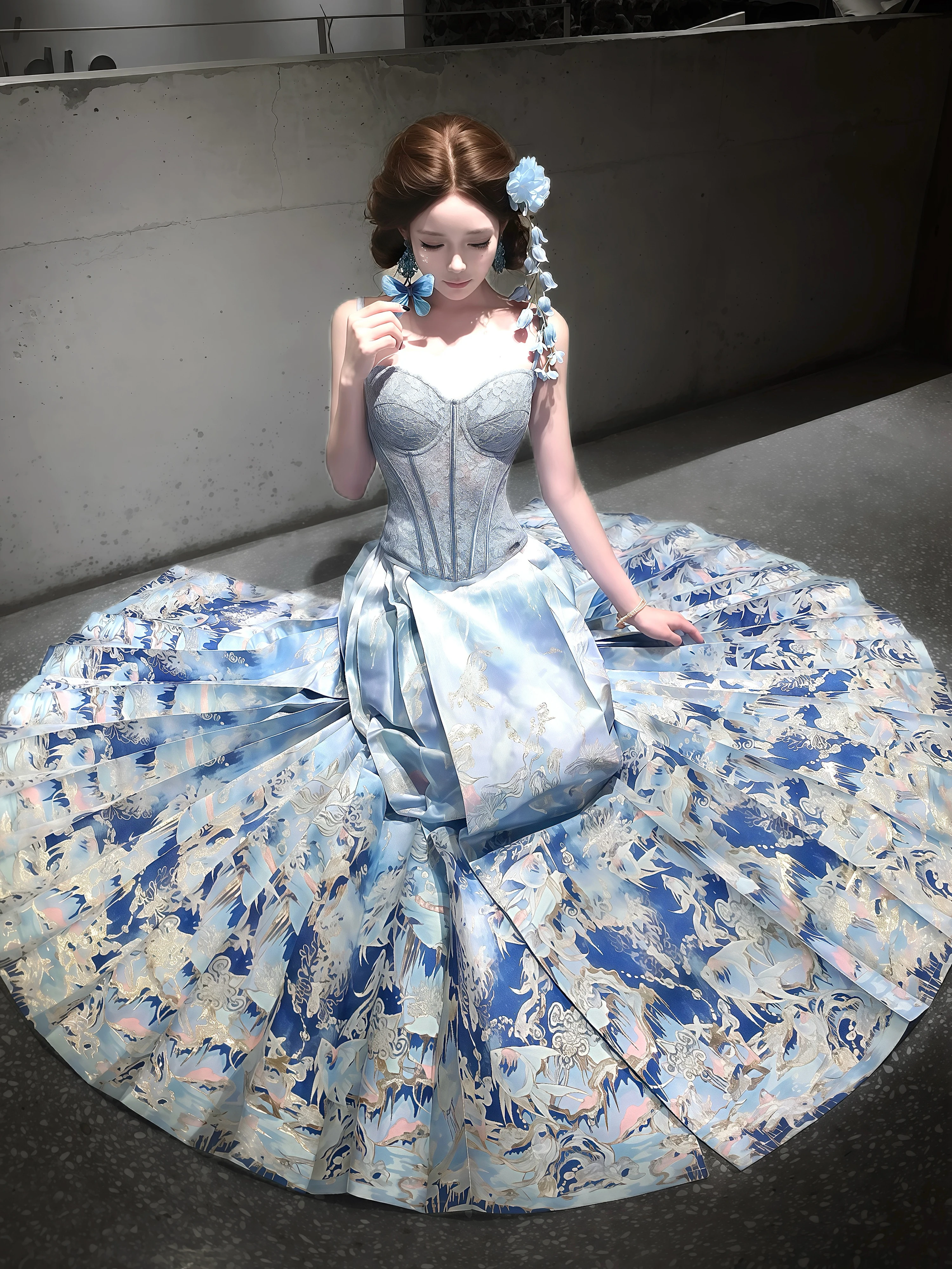Original Hanfu Semi-skirt Mingzhu Silk Double Axis Weaving Process Blue Valley Fish Shadow Half-length Skirt A-line Polyester...