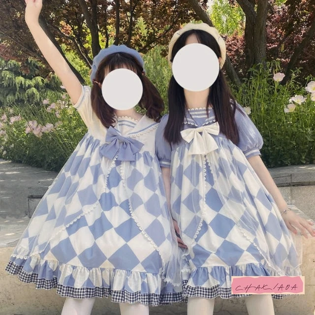 

Cute and Sweet Plaid Bow Short-sleeved One-piece Dress Japanese Original Lolita Short-sleeved Dress for Women To Take Pictures