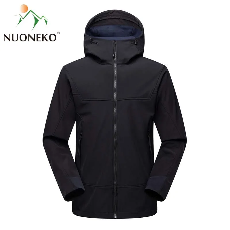 NUONEKO Mens Softshell Hiking Jackets Outdoor Sports Camping Climbing Travel Hooded Velvet Windbreaker Waterproof Rain Coats Men