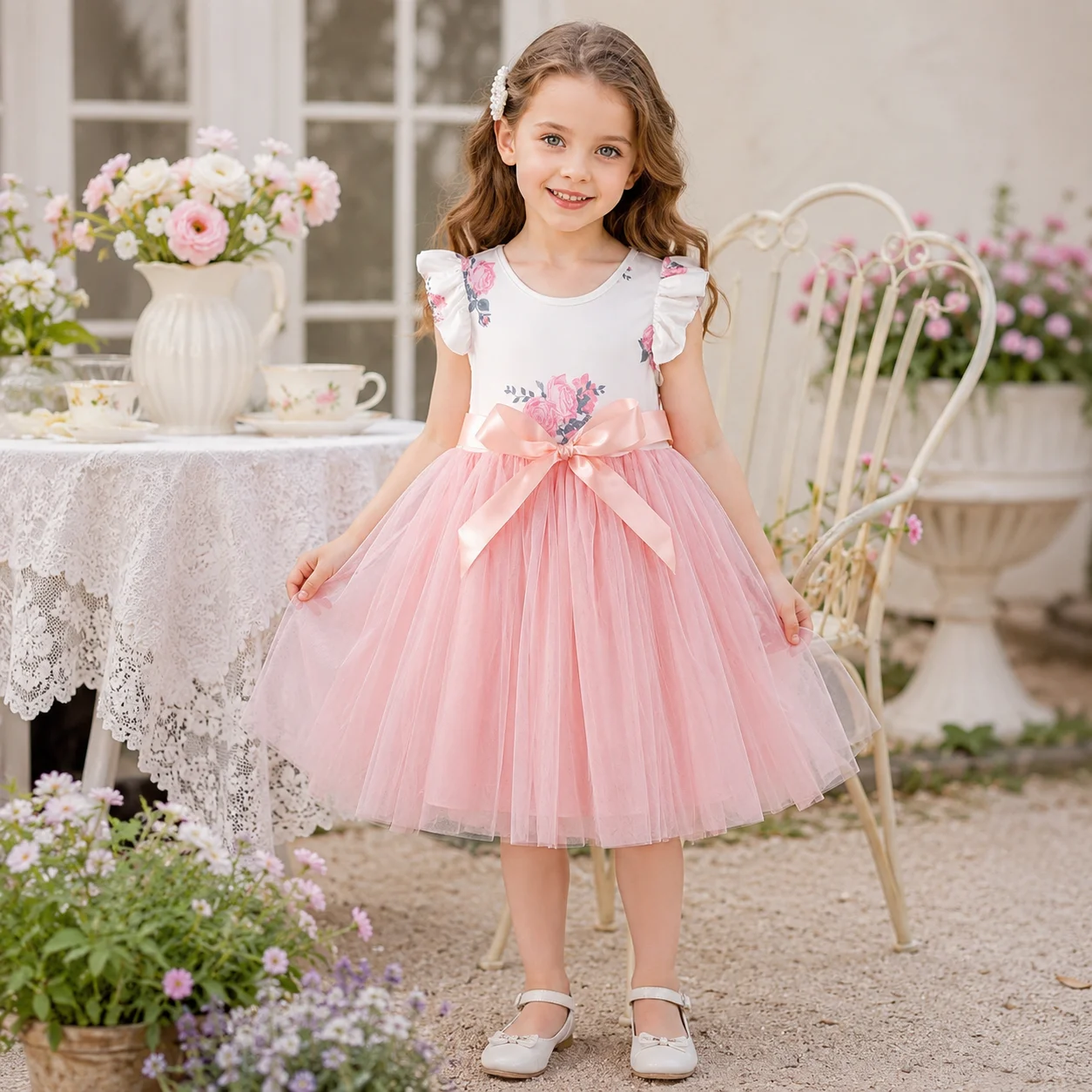 Robe de princesse à manches volantées imprimé floral pour petites filles, avec nœud rose et tutu en tulle, idéale pour l'été, les fêtes d'anniversaire, les occasions décontractées ou les mariages