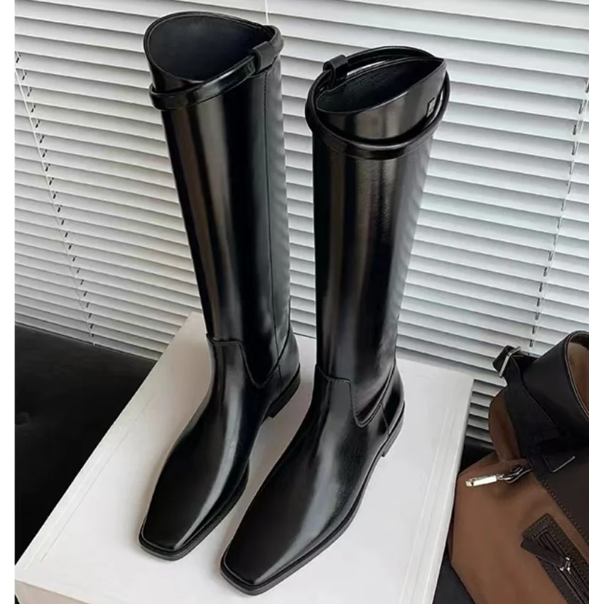 

2023 Winter Autumn Women Square Toe Women Cowboy Western Combat Boots Belt Ridding Knight Botas Mujer Casual Flats Shoes