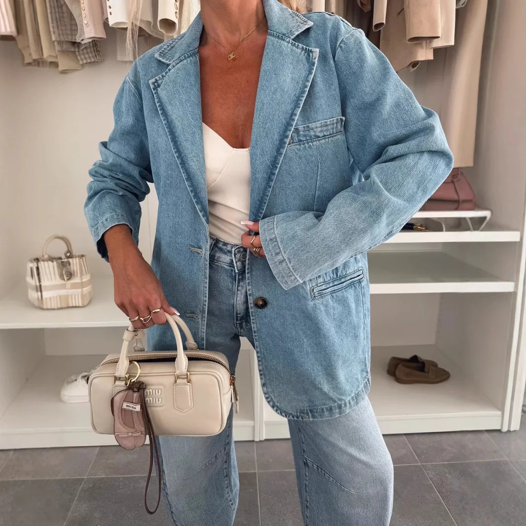 Denim Coats Women Coat Blazer Turn Down Collar Y2k Jackets Streetwear Elegant Loose Spring Casual Loose Open Stitch  Jacket
