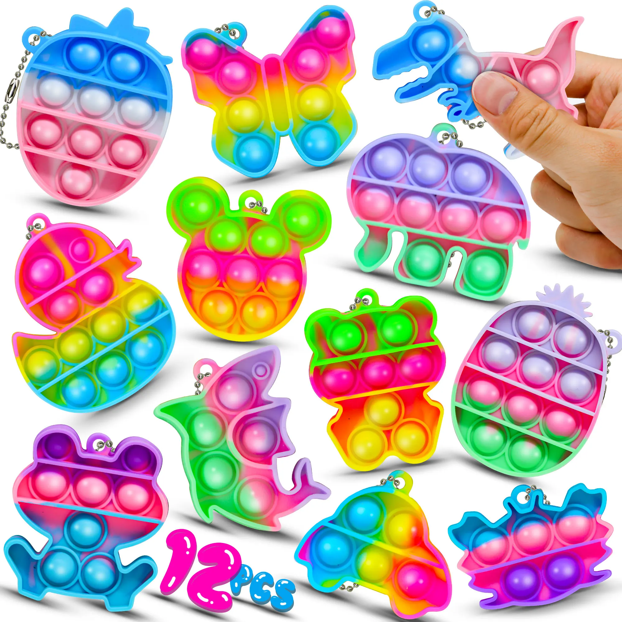 Rainbow Animal Themed Fidget Mini Pop Keychain Sensory Toy for Kids - Birthday Summer Party Favors Holiday Gifts for Children