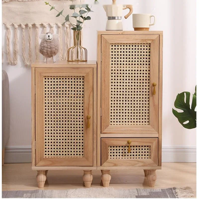 Solid Wood Rattan Woven Storage Cabinet,Modern Bedside Table,Multi-functional Sofa Cabinet, Bedroom with Drawers, Home Furniture