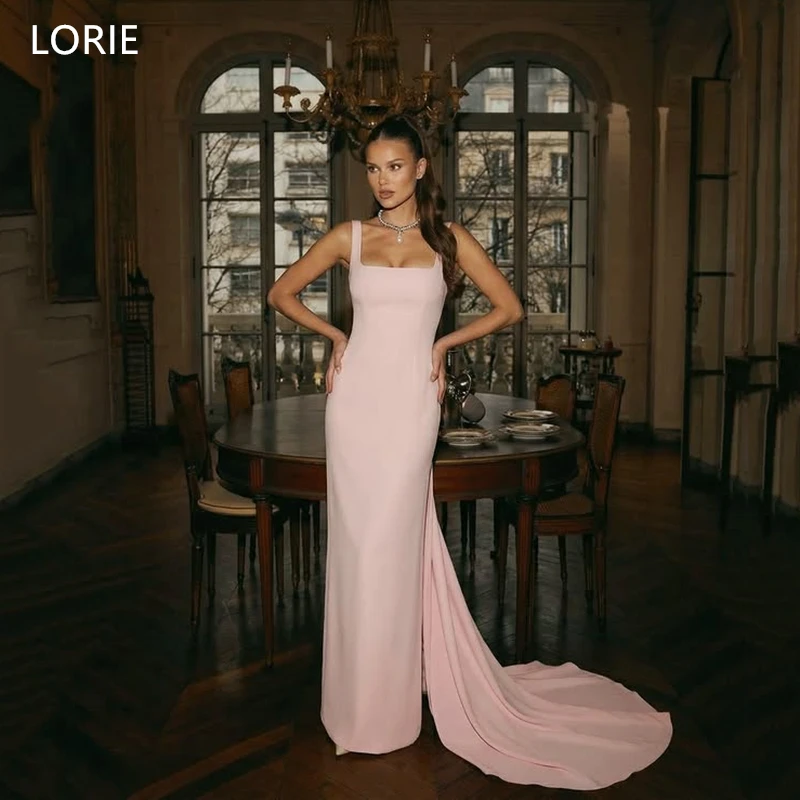 

LORIE Elegant Pink Party Dresses Square Collar Sleeveless Evening Prom Dress Sexy Sheath Long Train Prom Gowns Customized