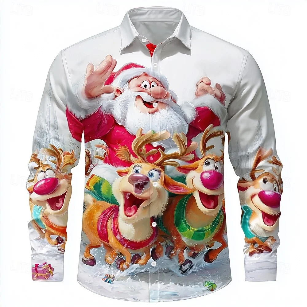 

Christmas Men's 3D Graphic Long Sleeve Street Style Fashion Cartoon Santa Claus Reindeer Prints Design Lapel 3D Print Red Shirt