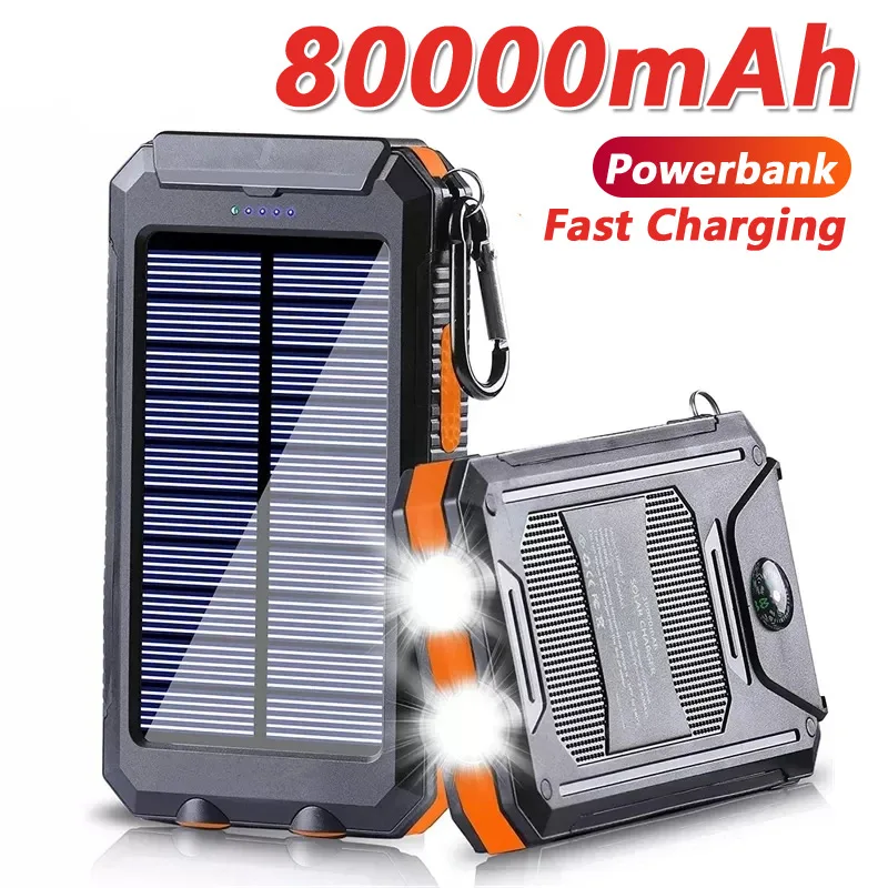 

New Solar Power Bank 80000mAh Portable Charging Poverbank External Battery Charger Strong Light LDE Light For All Smartphones
