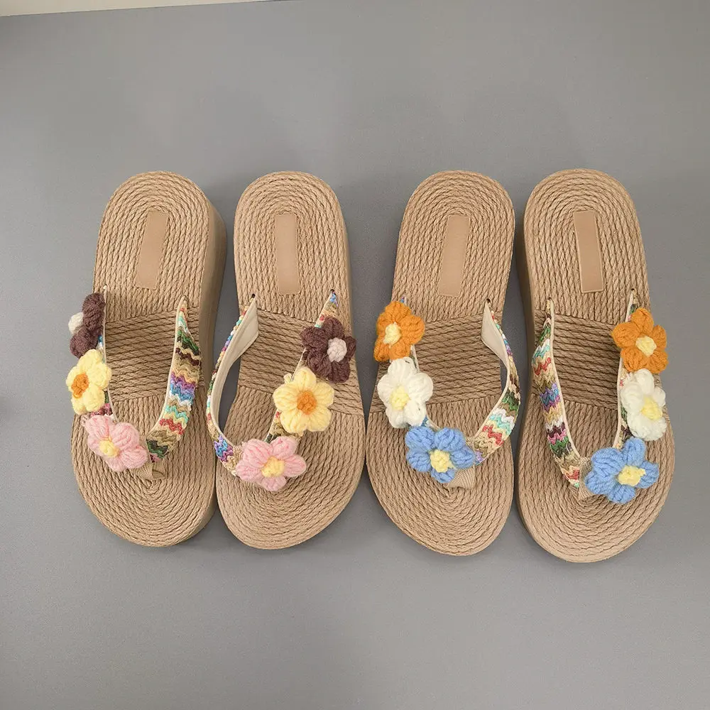 Women's Bohemian Wedge Flip Flops with Handmade Crochet Flowers Colorful Striped Sandals Summer Beach Slippers for Casual Wear