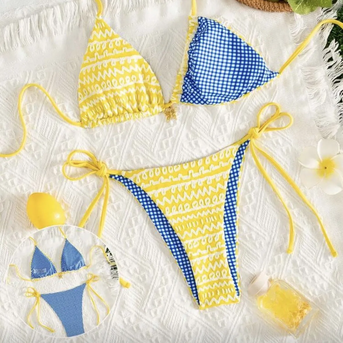 

Double-Sided Wear Bikini Set Beach Yellow Blue Color Collision Triangle Cup Swimming Costume Strap Sexy Polyester Fabric Swim...