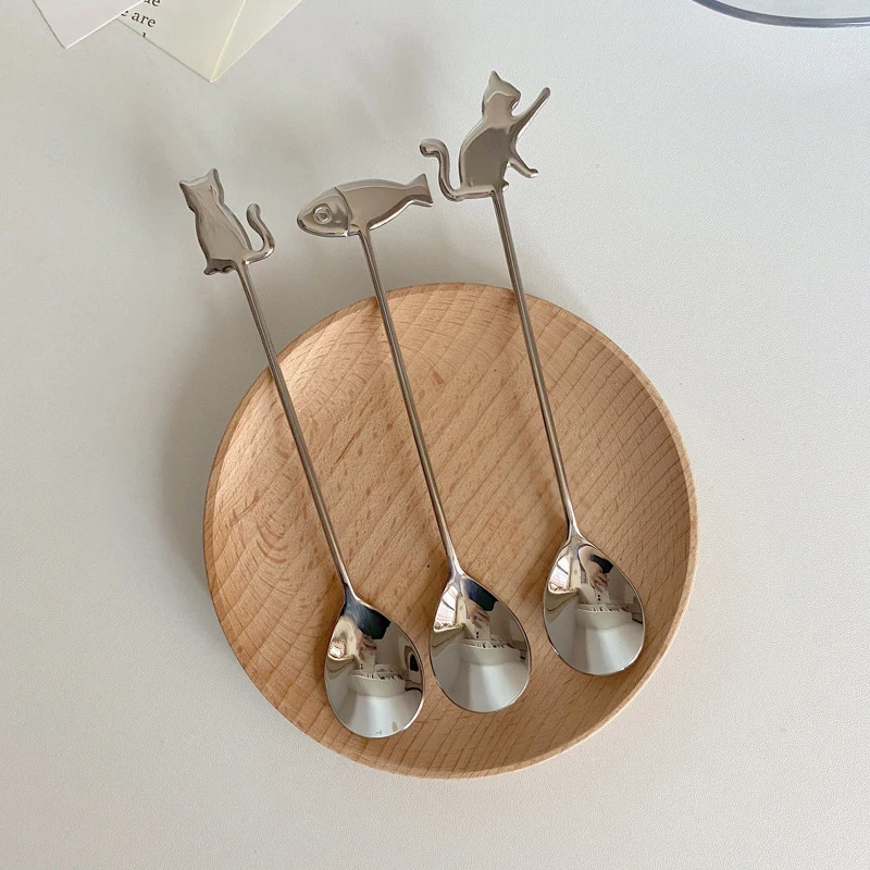 

NEW Cute Paintings Cat Stainless Steel Spoon Hollow For Coffee Tea Dessert Spoon Kitchen Tableware Gifts For Students Children
