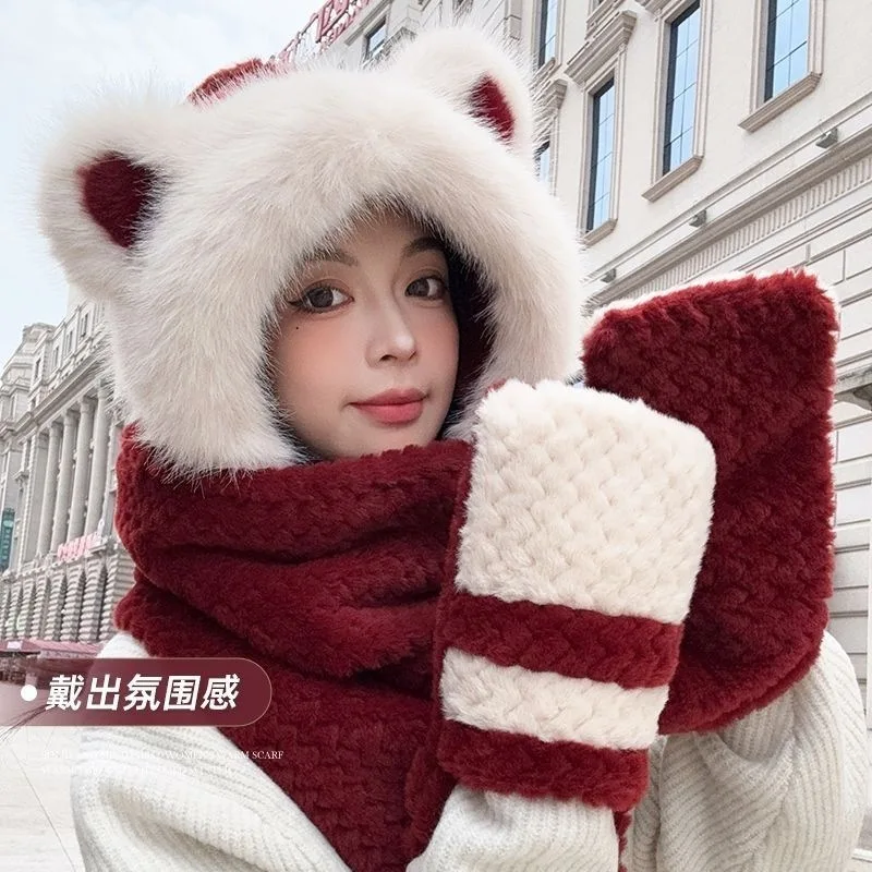 

Winter Cute Hat Girl Scarf Integrated Wholesale Windproof Neck Brace Keep Warm Plush New Cute Glove Cycling Ear Protection Suit