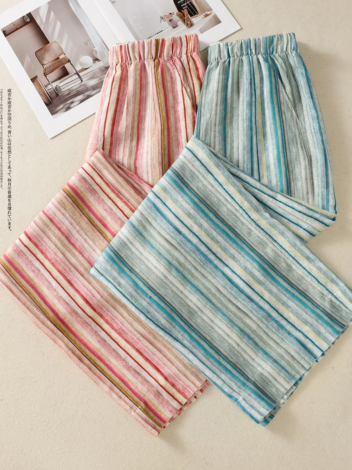 Retro Wide Leg Pants Women's Summer Casual Linen Breathable Straight Cut High Waist Drapey Nine Pointed Pants  Stripes