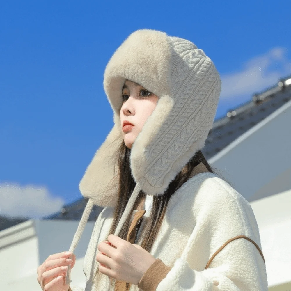 Casual Knitted Men Women Pilot Hat Windproof Fluffy Faux Fur Lei Feng Hat Coldproof Warm Ear Protection Cap Outdoor