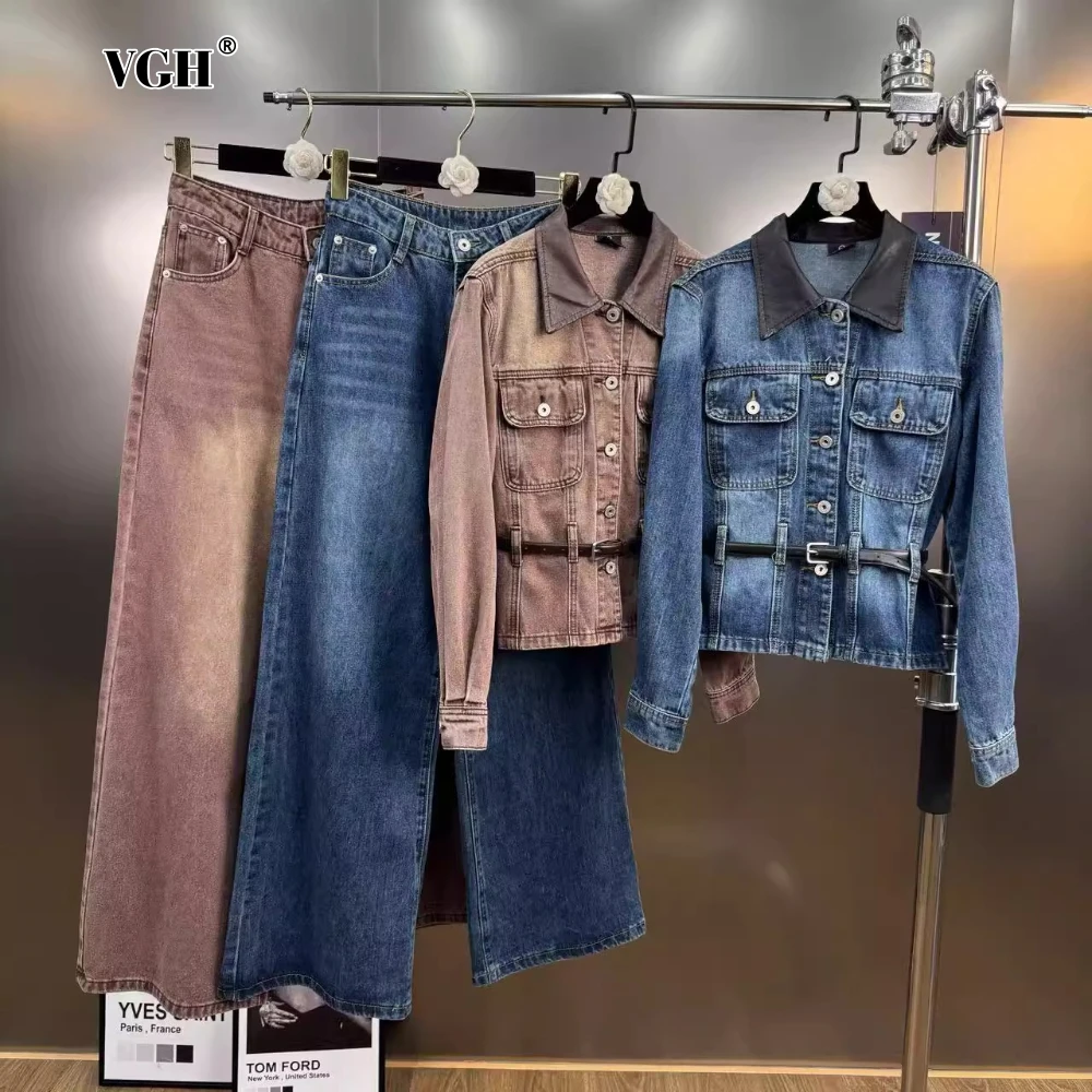 

VGH American Retro Two Piece Set for Women Lapel Long Sleeve Spliced Sashes Denim Jacket High Waist Wide Leg Pant Suit Female