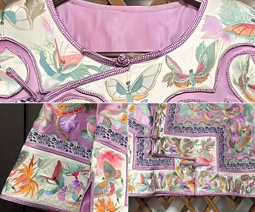 Girl's Original Hundred Butterfly Clothes Acetate Clear Hanfu Slant Hemp Embroidered Plate Button Top Chinese Style Coat Dress