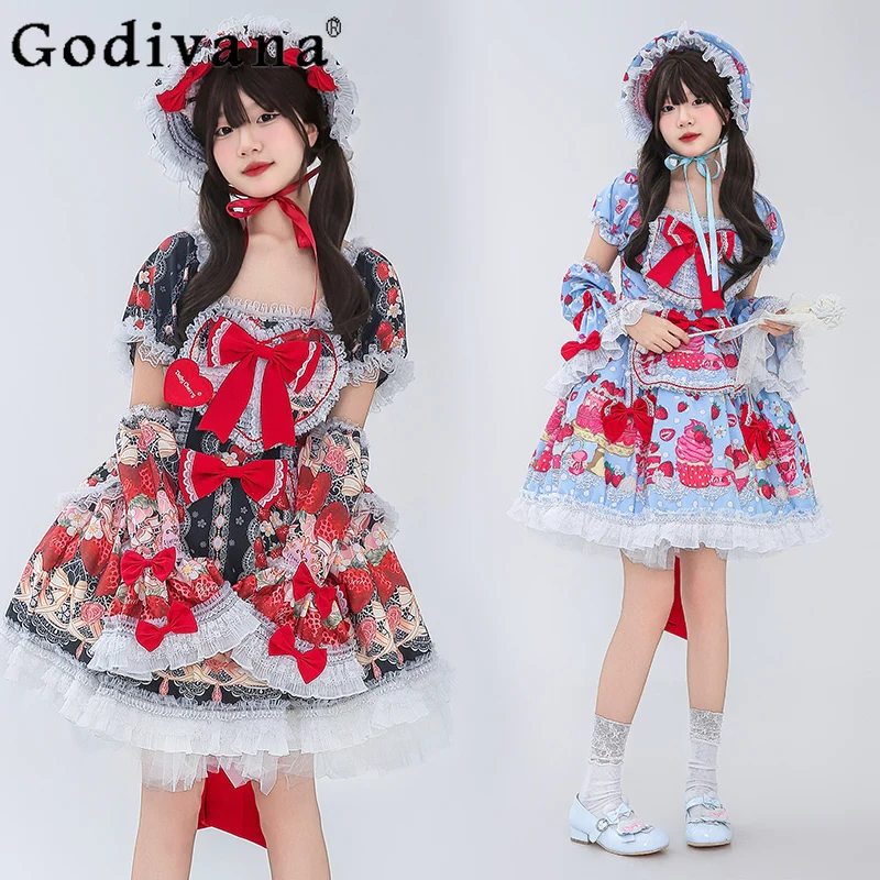 

Christmas Lolita Princess Red Short Sleeve Dress OP Japanese Girls Sweet Cute Bow Print Lace Cos Dress Woman's Vintage Dress