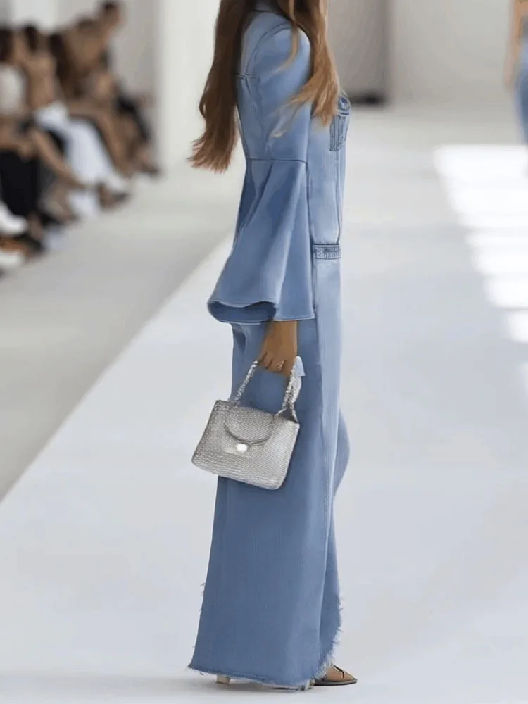 

Fashion Turn-Down Collar Denim Jumpsuits Women Casual Flare Sleeves Solid Long Rompers Elegant Button Irregular Slim Playsuits