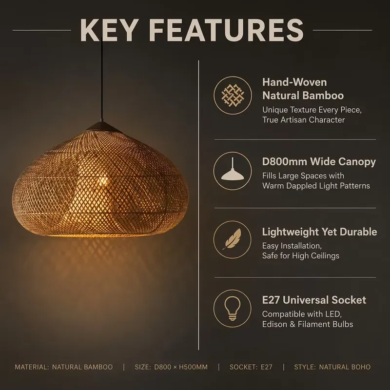 Handmade Bamboo Rattan Chandelier Modern Antique Style Ceiling Light for Restaurant Kitchen Tea House Farmhouse Decor with