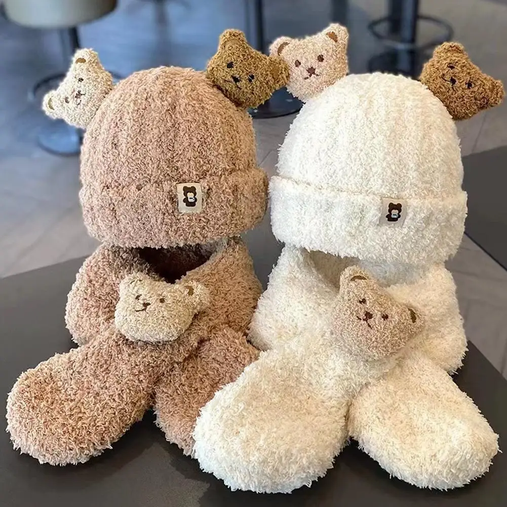 Fluffy Bear Hat Scarf Toddler Winter Hoodie Hat Scarf for Children From 3 Months to 1.5 Years Old Thick Fleece Skull Caps