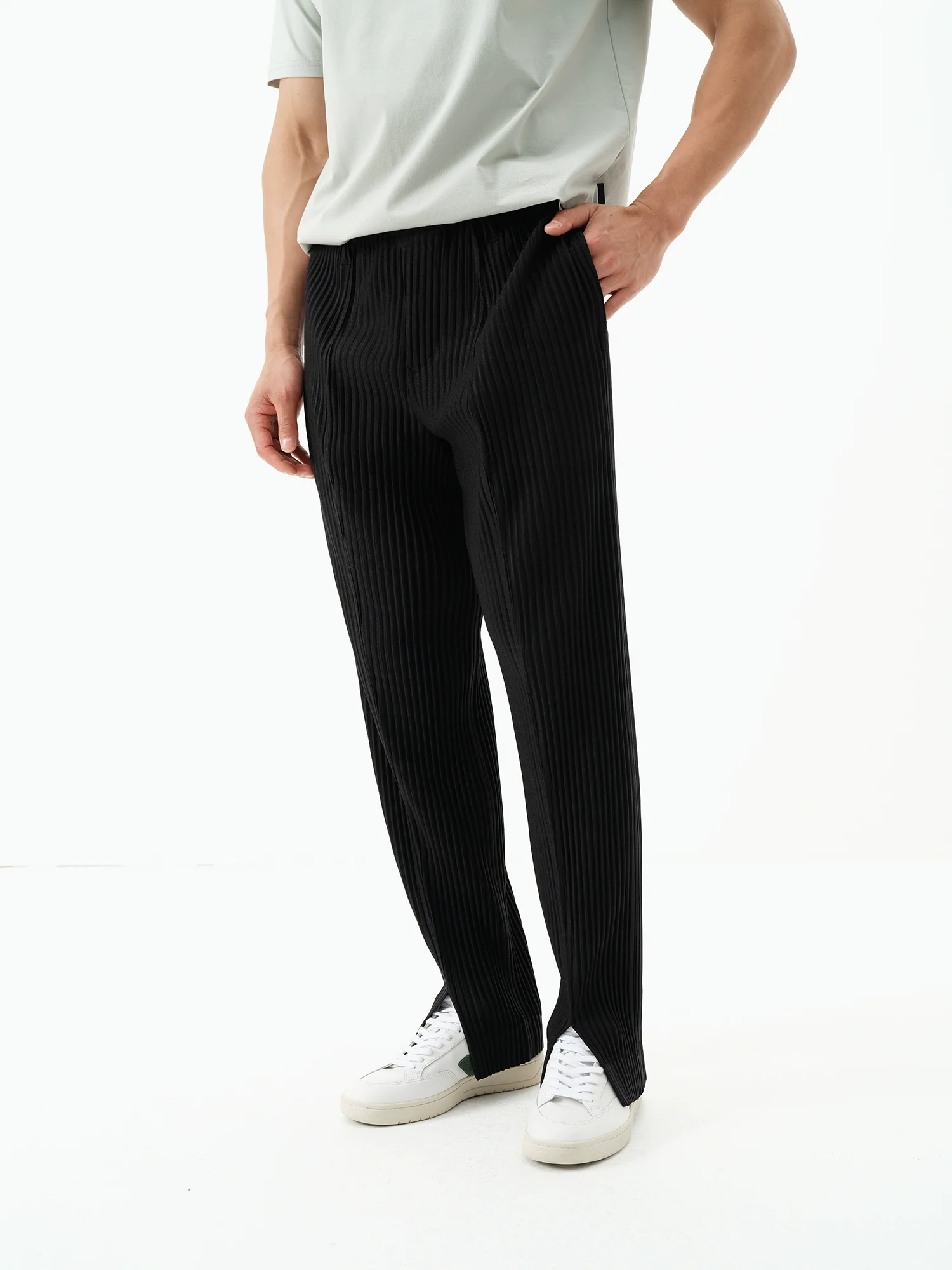 Miyake Plisse Man Pleats Solid Slit Pants Breathable Comfortable Trousers Japanese Style Miyake Pleated