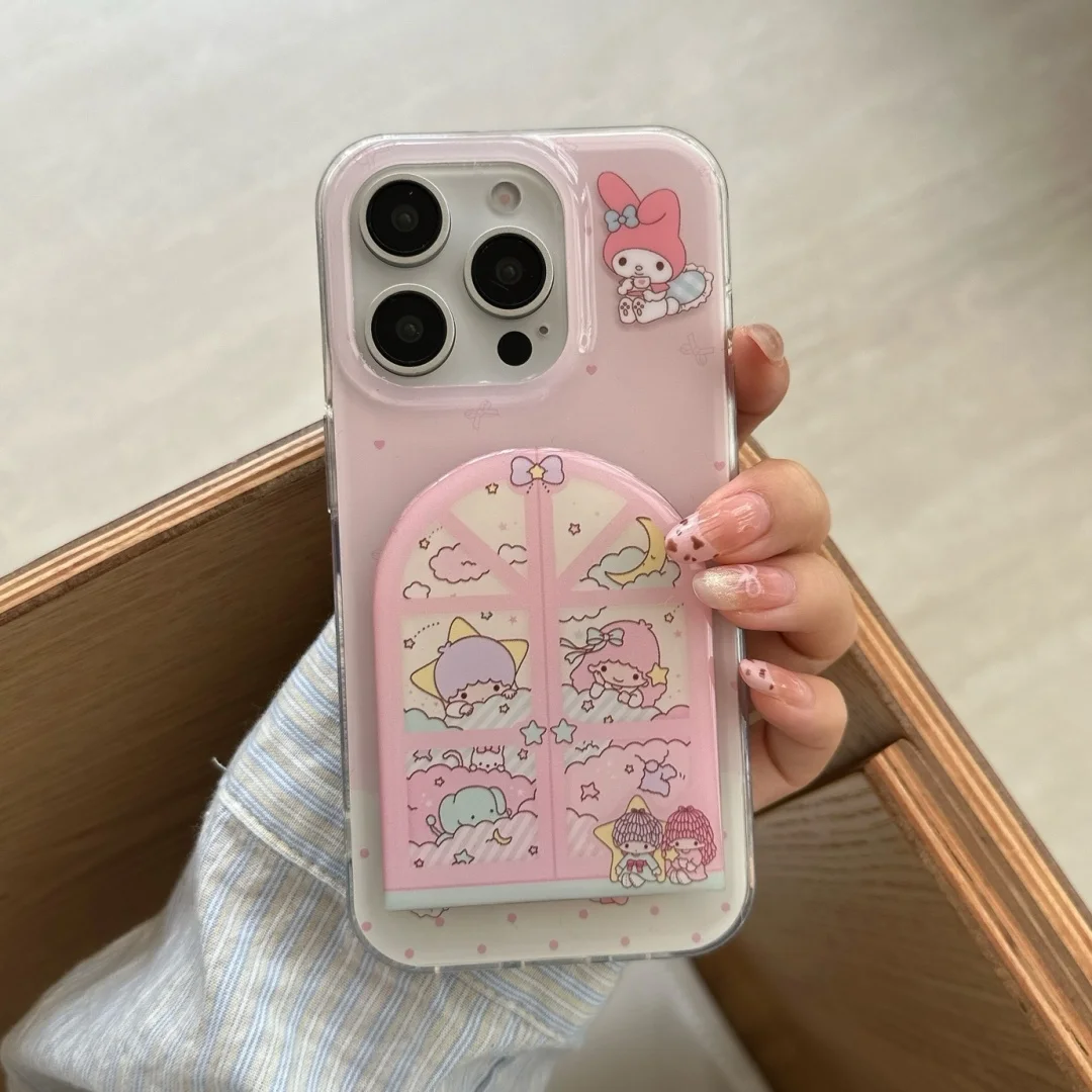 Coque de téléphone de luxe rose avec petites étoiles jumelles, étui pare-chocs pour iPhone 13 14 15 16 Pro Max Gemini miroir fille ﻿ ﻿