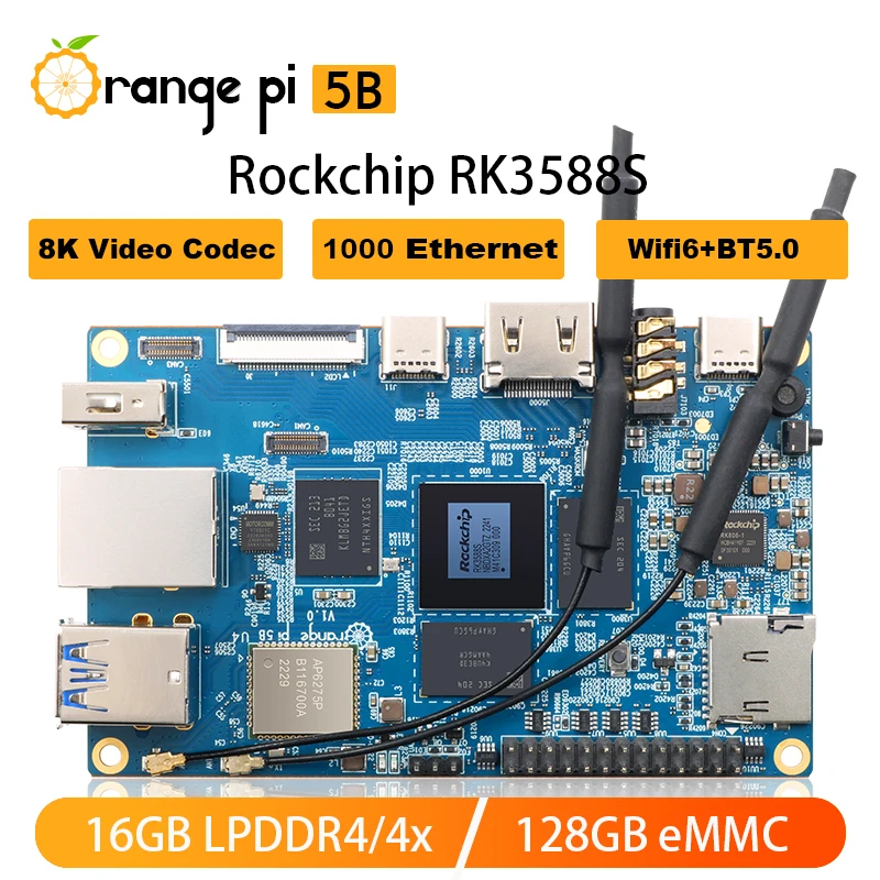 Orange Pi5B 16GB RAM+128GB eMMC RK3588S 8 Core 64-bit Gigabit Ethernet Onboard Wifi6 BT5.0 8K Video SBC Single Board Computer