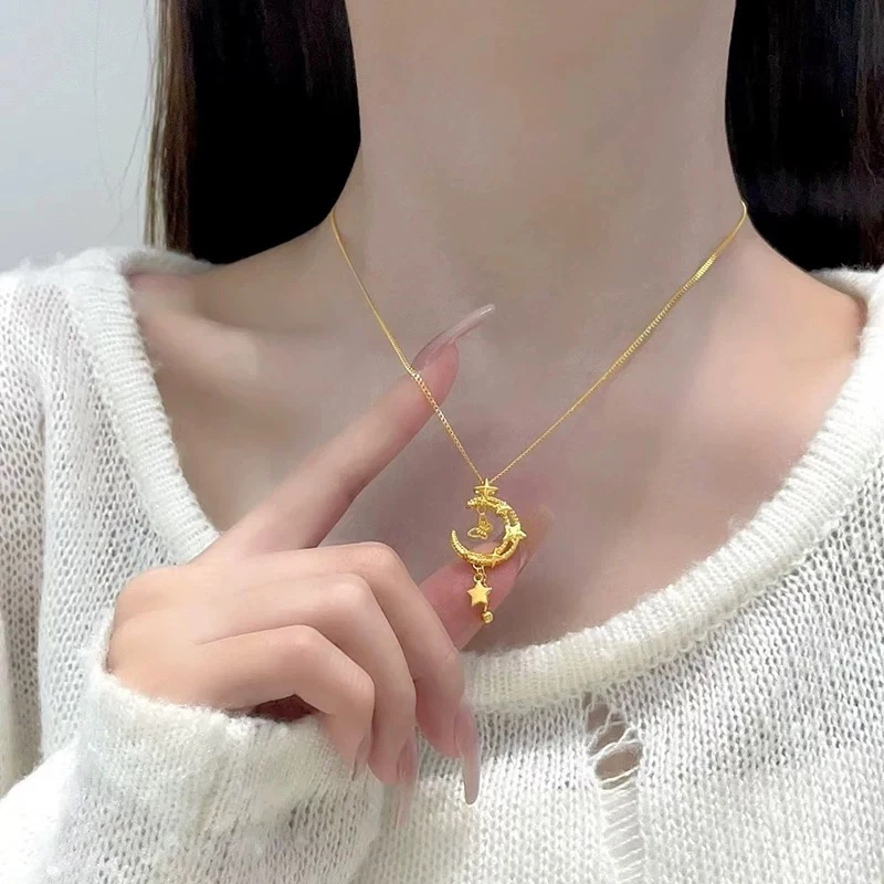 Collar de luna y estrella de mariposa de oro AU750 de alta calidad para mujer, regalo de joyería de cadena de clavícula de temperamento de moda de oro de 18 quilates