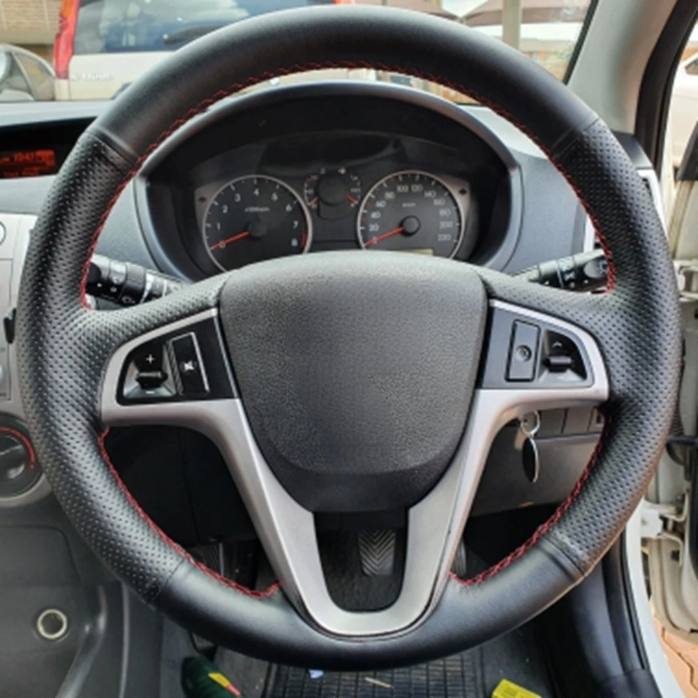 

Black Steering Wheel Cover Genuine Leather Hand-stitched For Hyundai Solaris Verna I20 Accent