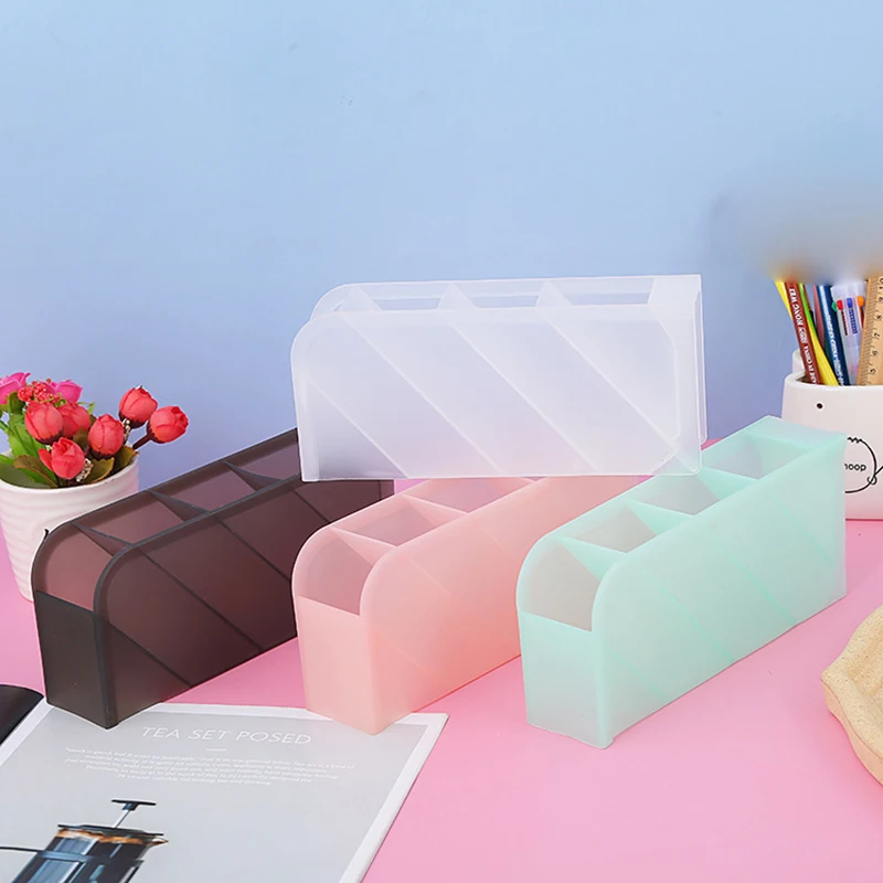 4Grid Macaron Color Oblique Insertion Desktop Organizer Pen Holder Pencil Makeup Brush Storage Box School Stationery