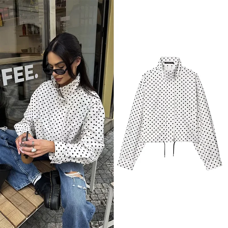 

Polka Dot Puffer Jacket Women Autumn Casual High Collar Long Sleeve Women Short Jacket With Drawstring Female Jackets