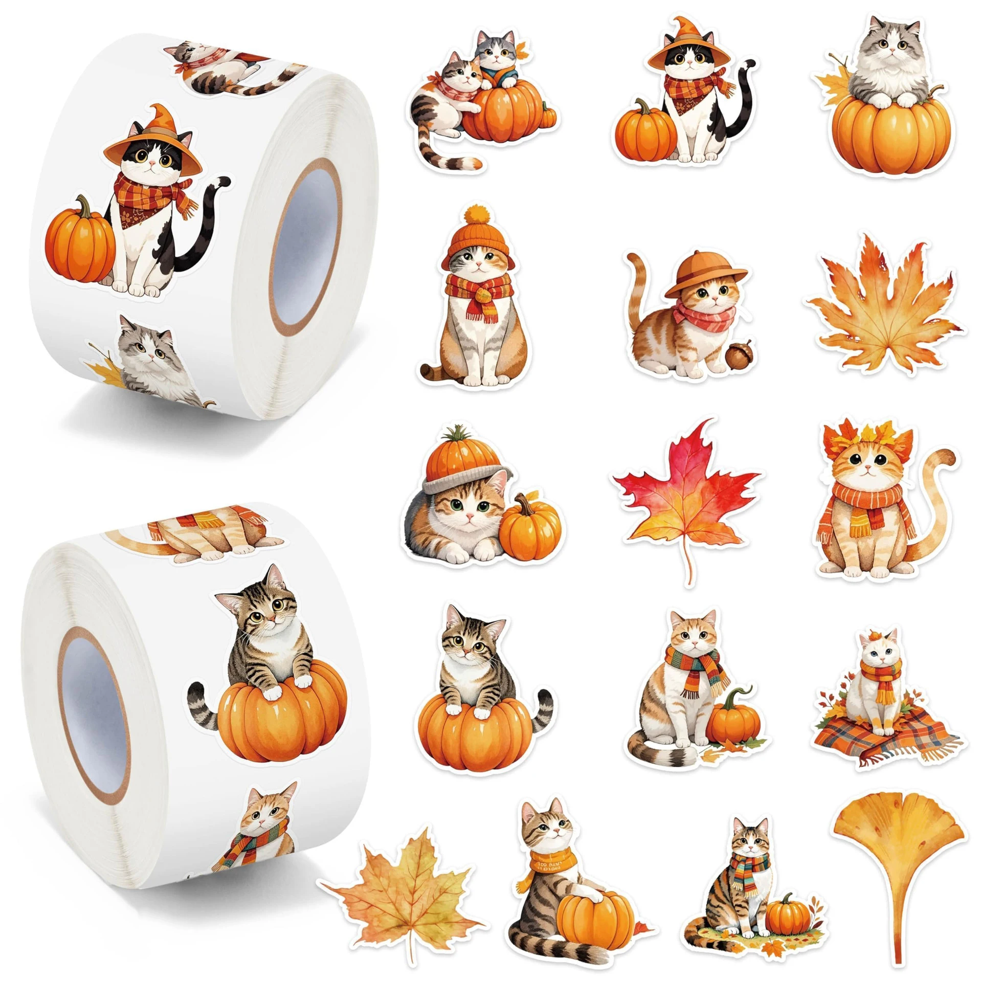 500Pcs 1 Inch Autumn Cat Maple Leaf Pumpkin Stickers Fall Theme Labels for Gift Box Envelope Stationery DIY Decor
