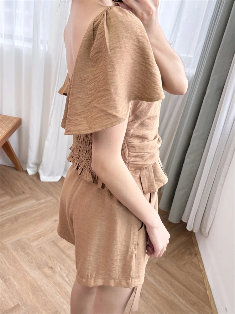 

New 2024 High Quality Women Vintage Linen Suit Ruffles Top and Short Slim Fit Set Square Collar Sweet Chic Stunning Fashion S