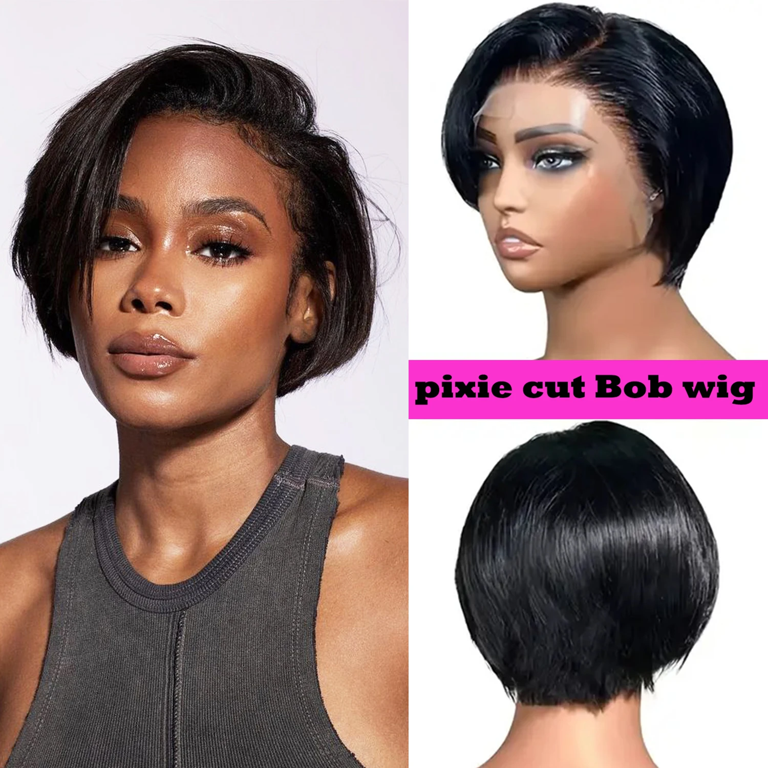 Peluca recta de corte Pixie, encaje transparente, pelucas de cabello humano 150%, peluca Bob corto, peluca de encaje 13X4, cabello humano brasileño prearrancado para mujeres