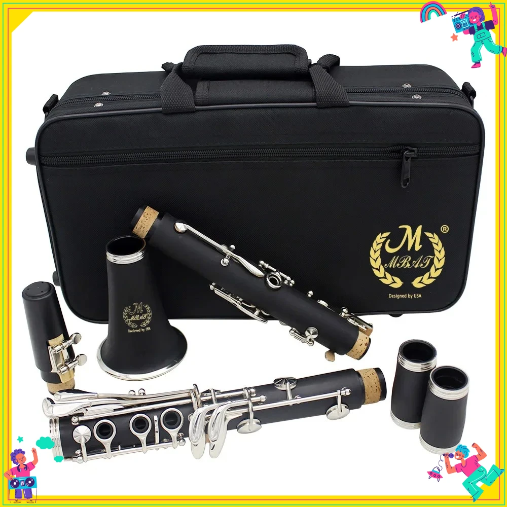 Clarinete M MBAT, tubo negro de Metal de 17 teclas, instrumento de alta gama para examen/prática/rendimiento, duradero dedicado con Clip de lengüeta para cabeza