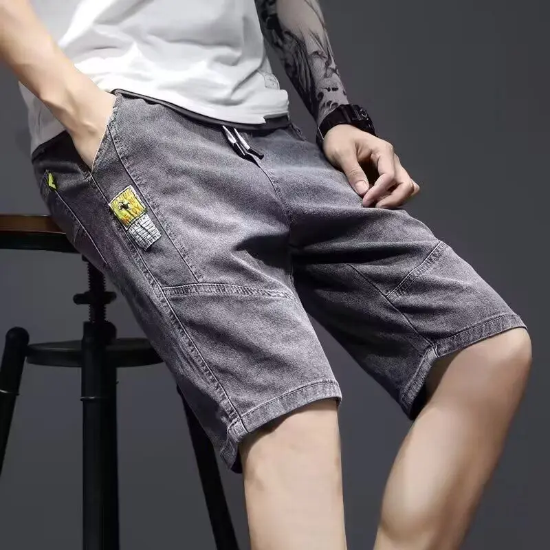 Elastic Waistband Men's Denim Shorts Summer Thin Five-Point Drawstring Loose Fit Business Casual Style Youth Fashion