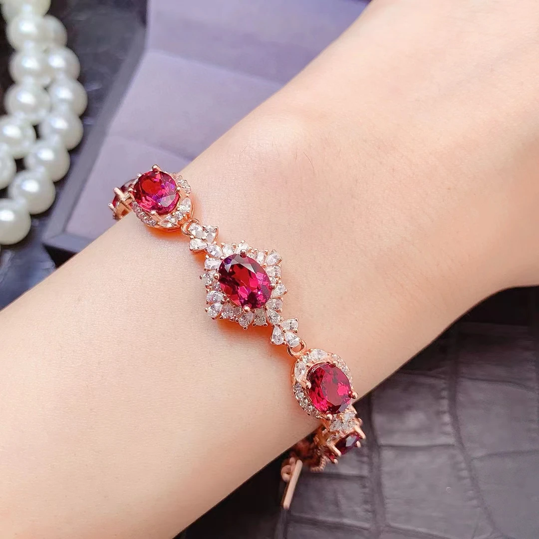 Luxury 925 Silver Garnet Bracelet for Wedding 6mm*8mm 5ct Natural Garnet Bracelet 3 Layers 18K Golod Plated Gemstone Jewelry